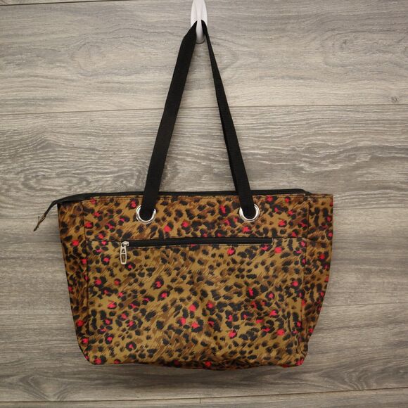 Brown Red Leopard Cheetah Animal Print Shoulder Purse Medium Tote Zip Closure - Picture 1 of 11